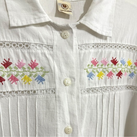 Hand Embroidered Mexican Manta Cotton Blouse Shirt Top Wmn’s Size M L White Boho - Picture 6 of 9